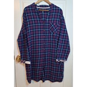 Tommy Hilfiger Purple Blue Plaid Flannel Long Sleeved Button Up Nightgown Sz 2X